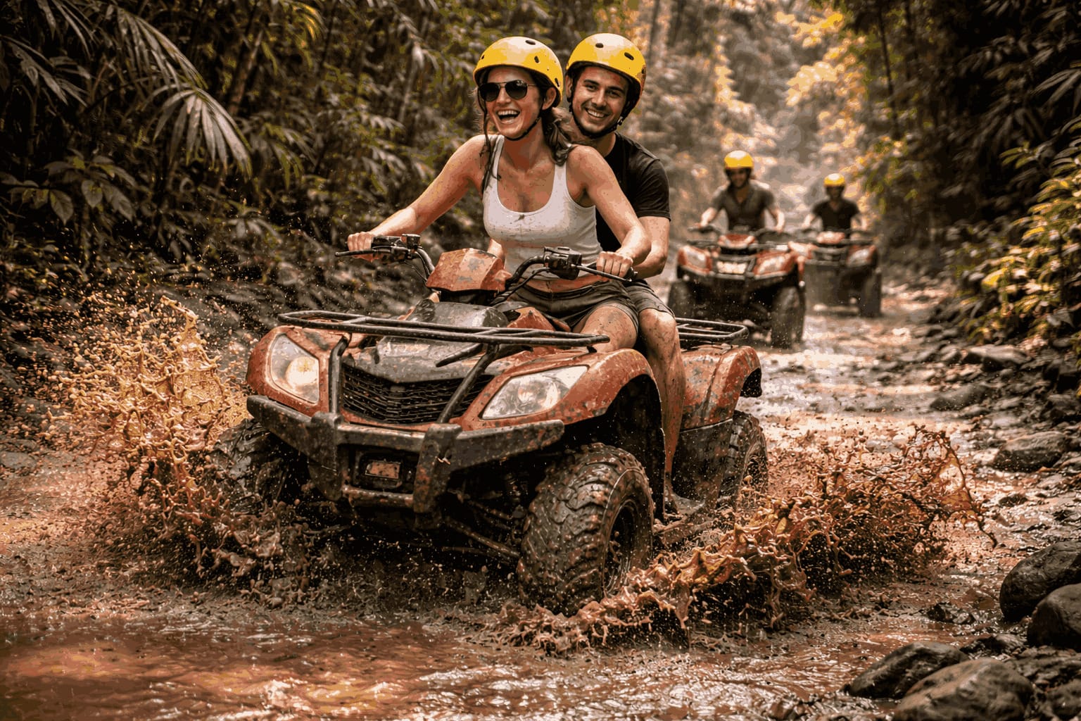tourists riding ATV in Ubud jungle with mud and water splashes