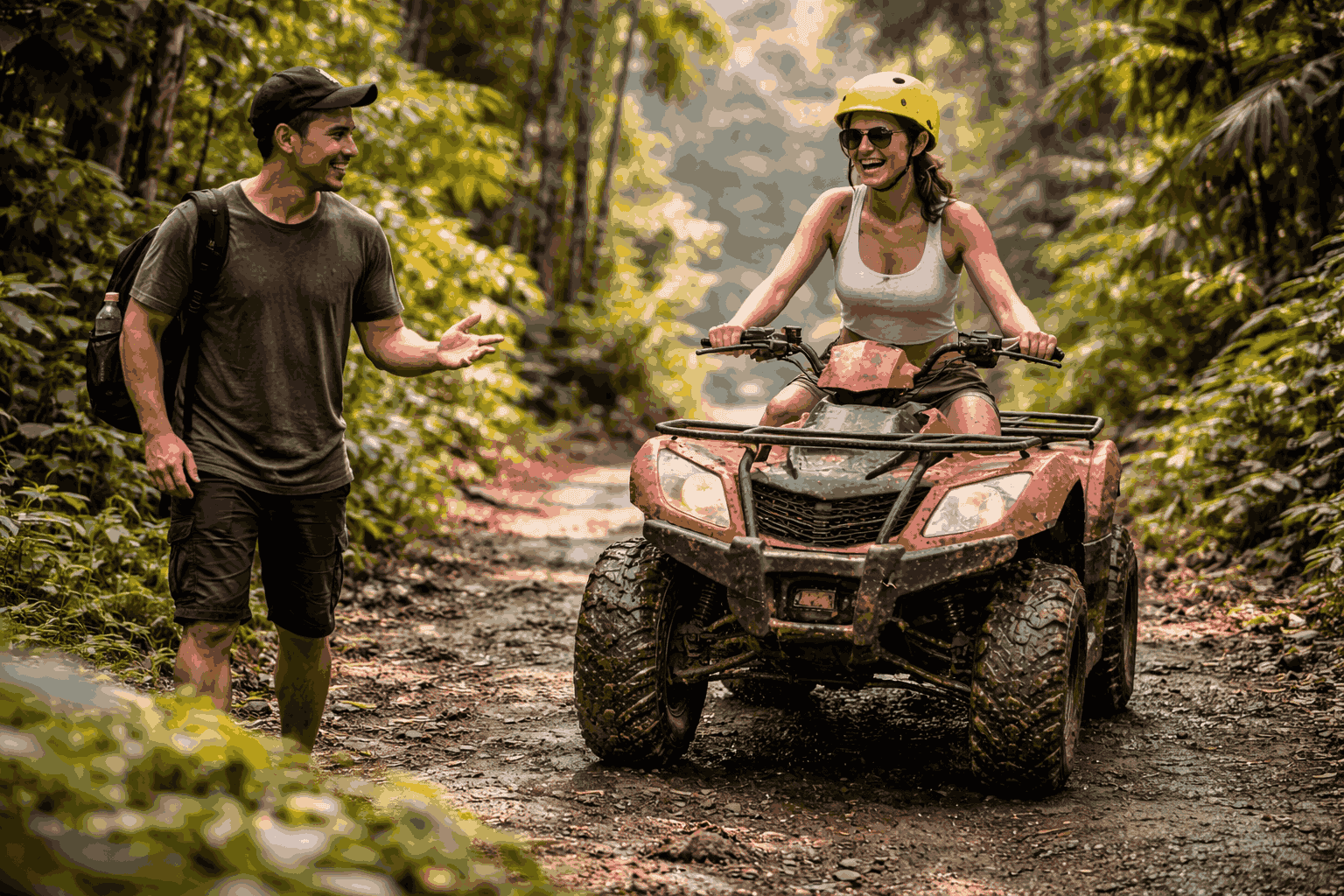 beginner riding ATV slowly in Ubud Bali with guide nearby
