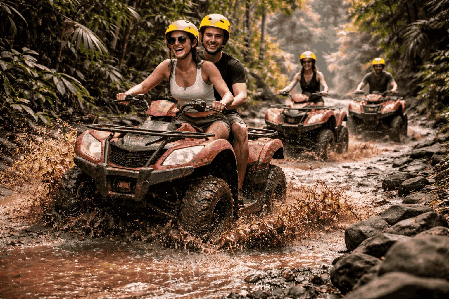 group of tourists riding ATV in Ubud Bali jungle trail