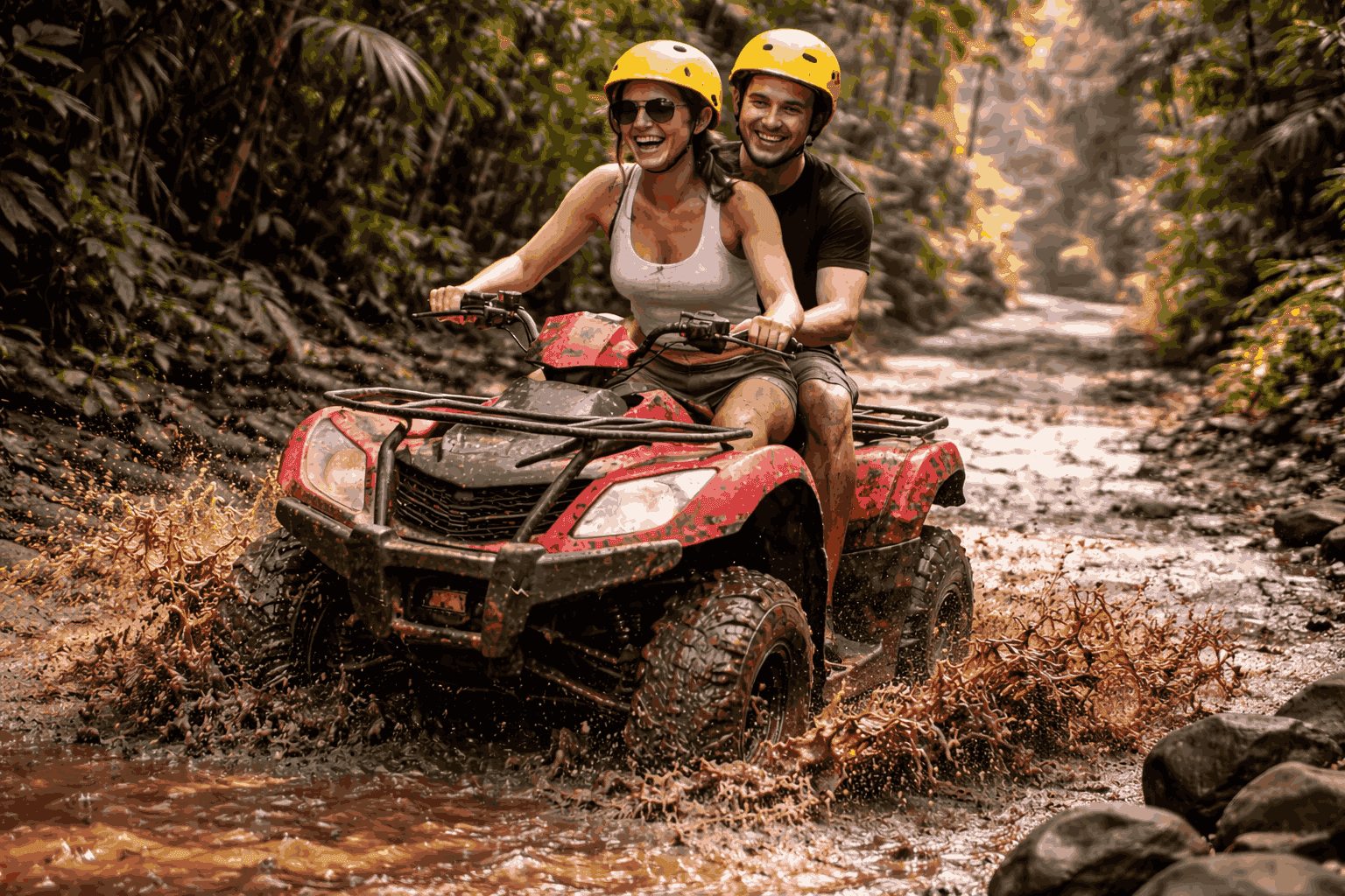 couple riding tandem ATV in Bali jungle smiling and enjoying ride