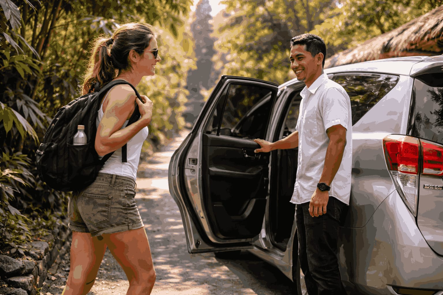 tourist picked up by private car for ATV ride in Bali