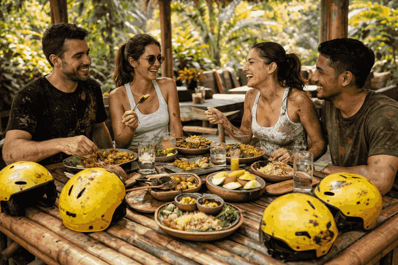 tourists enjoying lunch after ATV ride in Bali tropical setting