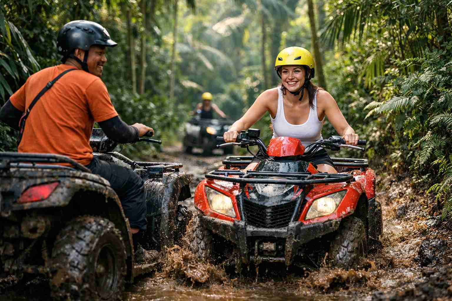 beginner riding ATV in Ubud Bali with guide on jungle trail wearing helmet